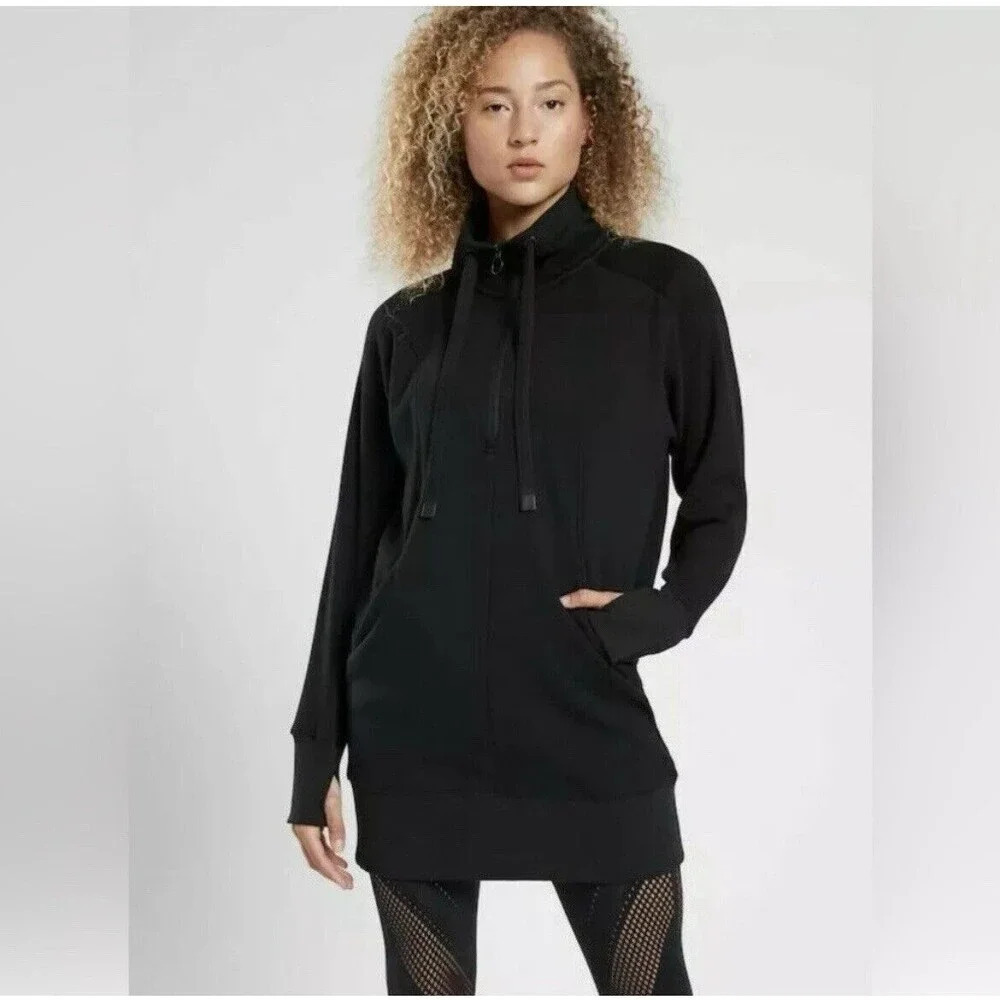 Athleta Cozy Karma 1/4 Zip Sweatshirt Dress Black XS